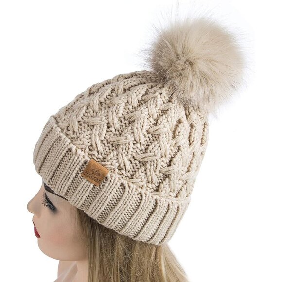 Women\'s Beige Winter Ribbed Beanie Crossed Cap Chunky Cable Knit Pompom Soft